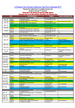 Club Summer Camp Schedule