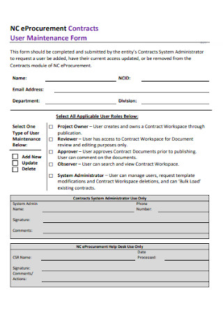 Contracts User Maintenance Form