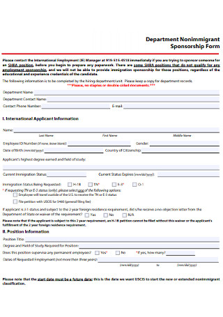 Department Nonimmigrant Sponsorship Form