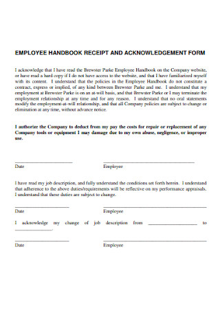 Employee Handbook Receipt