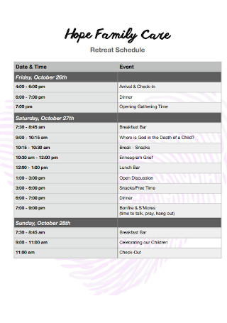 Family Care Retreat Schedule