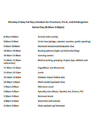 Full Day Schedule for Preschool