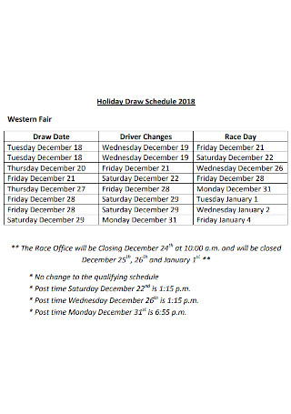 Holiday Draw Schedule