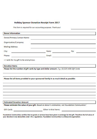 Holiday Sponsor Donation Receipt Form