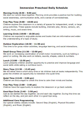 Immersion Preschool Daily Schedule