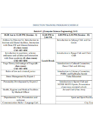 Induction Training Program Schedule