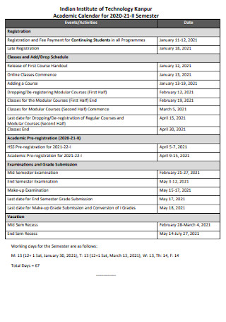 Institute Academic Calendar
