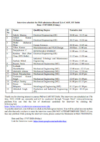 Interview Schedule for PhD Admission