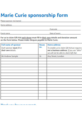 Marie Curie Sponsorship Form