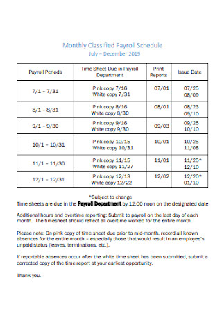 Monthly Classified Payroll Schedule