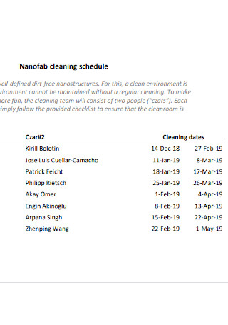 Nanofab Cleaning Schedule