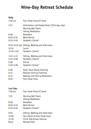 Nine Day Retreat Schedule