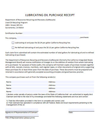 Oil Purchase Receipt Template