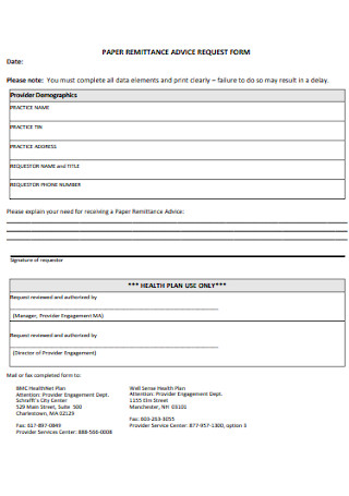 Paper Remittance Advice Request Form