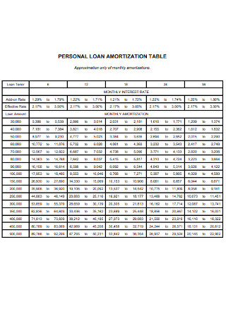 Personal Loan Amartization Schedule