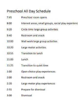 Preschool All Day Schedule