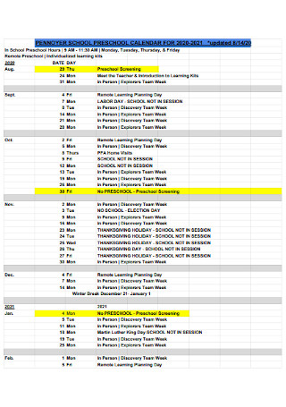 Preschool Calendar and Schedule