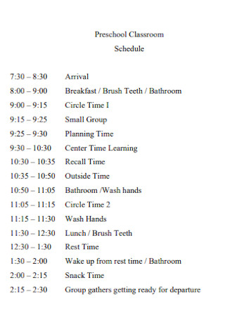 Preschool Classroom Schedule 