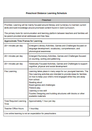 Preschool Distance Learning Schedule