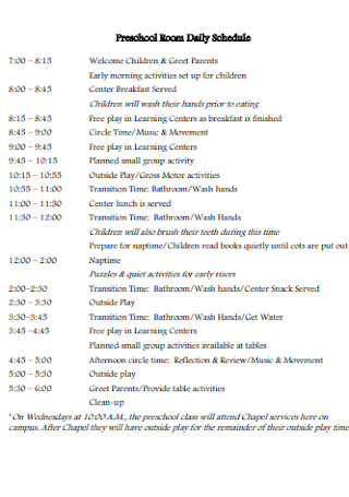 Preschool Room Daily Schedule 