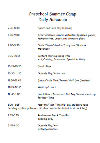 Preschool Summer Camp Schedule