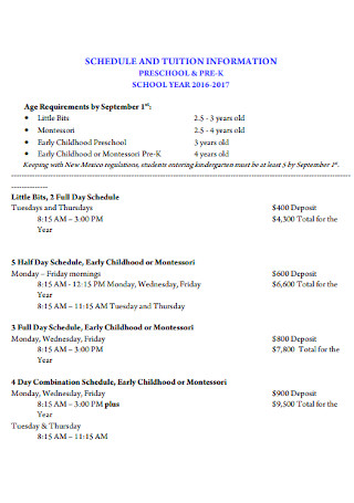 Preschool Tution Schedule
