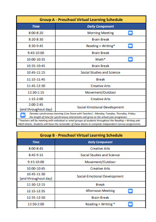 Preschool Virtual Learning Schedule