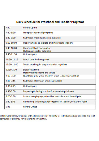 Preschool and Toddler Programs Schedule