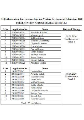 Presentation and Interview Schedule