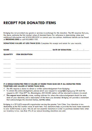 Receipt for Donated Items Template