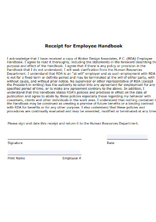 Receipt for Employee Handbook