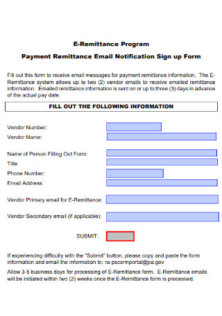 Remittance Email Notification Sign up Form
