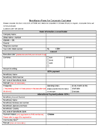 Remittance Form for Corporate Customer