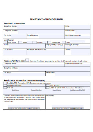 Remmitance Application Form Format