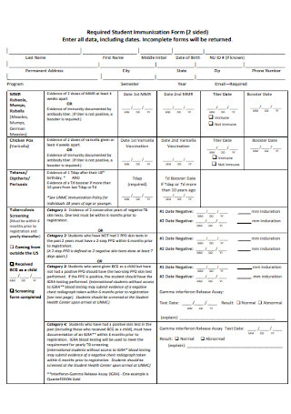 Required Student Immunization Form Template