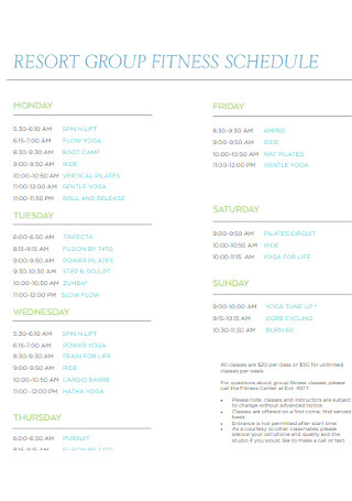 Resort Group Fitness Schedule
