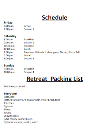 Retreat Packing List Schedule