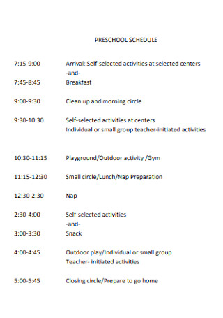 Sample Preschool Schedule Template