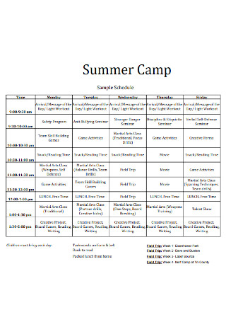 Sample Summer Camp Schedule