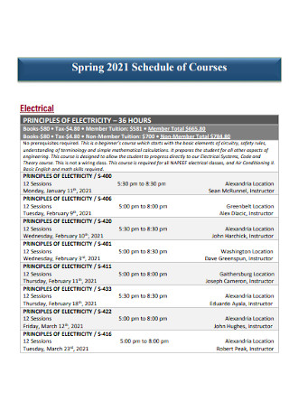 Schedule of Courses Training