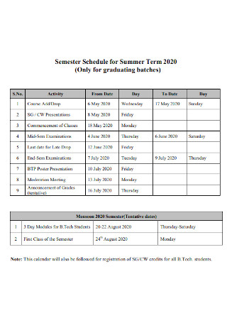 Semester Schedule for Summer