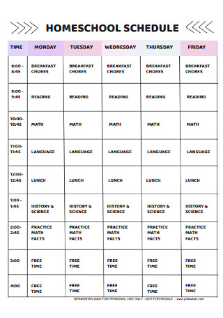 Standard Homeschool Schedule