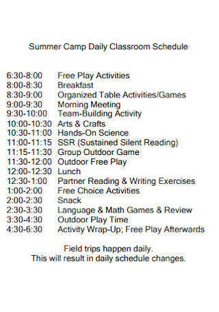 Summer Camp Daily Classroom Schedule 