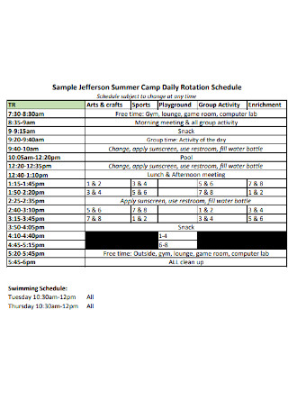 Summer Camp Daily Rotation Schedule