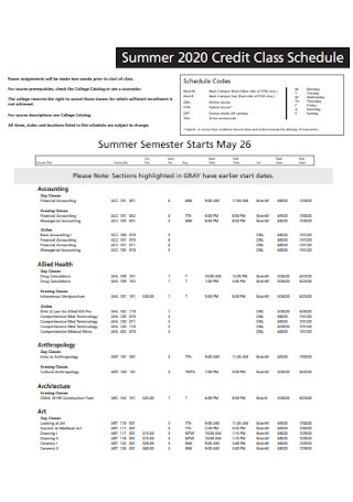 Summer Credit Class Schedule