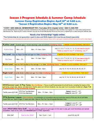 Summer Program Camp Schedule