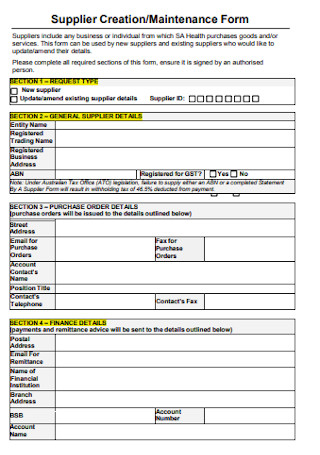 Supplier Creation and Maintenance Form