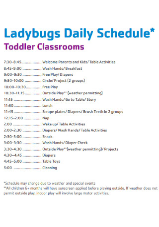 Toddler Ladybugs Daily Schedule