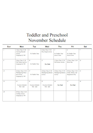 Toddler and Preschool November Schedule