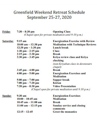 Weekend Retreat Schedule